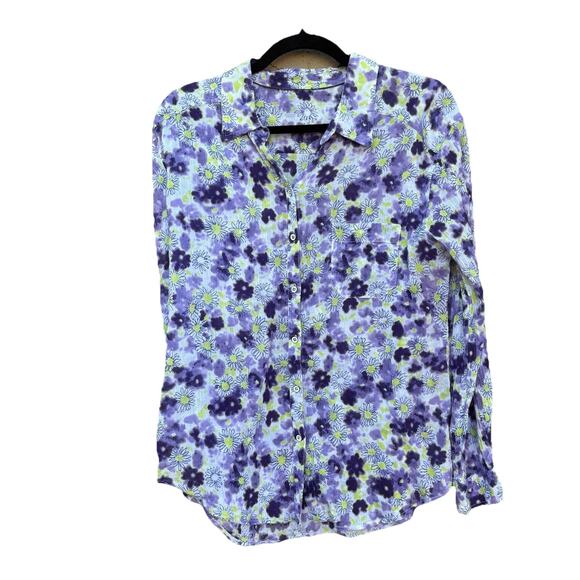 Floral Button Down Cotton Blouse, Purple And Lime Green Flowers, Womens Medium - Picture 1 of 4